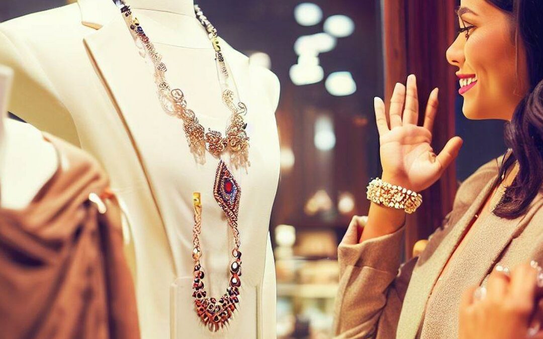 A woman buying jewellery looking in a jewellery shop window, wearing a stylish outfit with a bracelet on her wrist and a necklace around her neck.