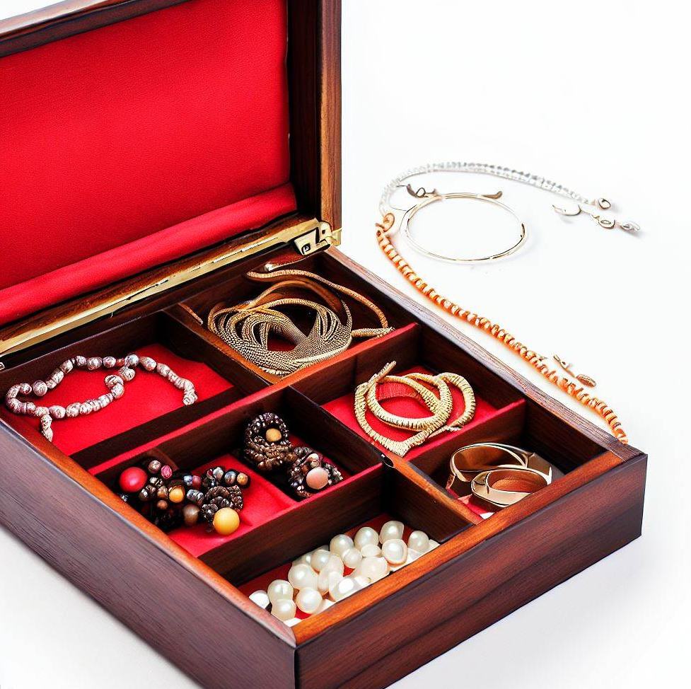 A Wooden Jewellery Box With A Red Satin Interior. The Box Contains Jewellery, Necklaces, Rings, Bracelets And Earrings
