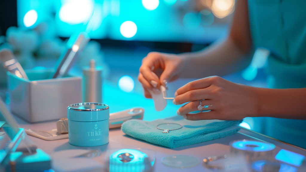  Hands Delicately Polishing A Tiffany Necklace, With A Soft Cloth, A Small Brush, And A Jewelry Care Kit Beside A Blurred Qvc Screen In The Background. 