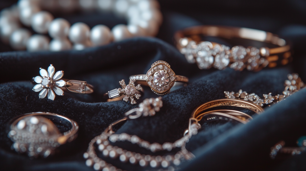 Elegant Image Featuring Assorted Jewelry Pieces Like Rings, Bracelets, And Necklaces, With Distinct Styles From Minimalist To Ornate, Displayed On A Luxurious Velvet Background To Signify Personal Style Choices.