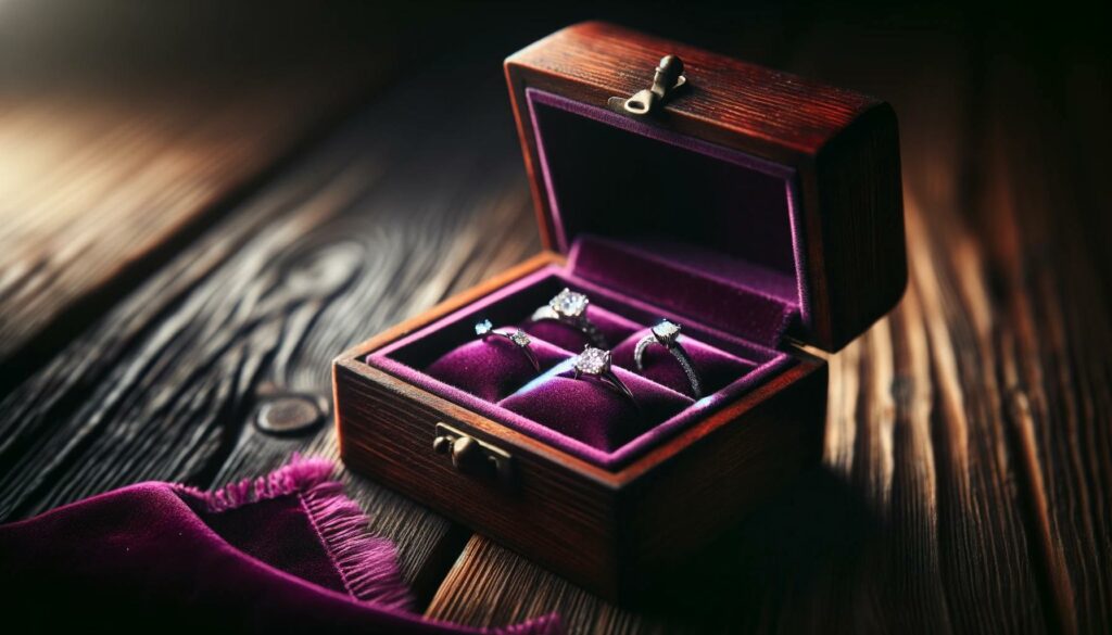 Diamond Jewellery Buying Advice: A Rustic Wooden Jewelry Box With Purple Velvet Lining, Showcasing Small, Elegant Diamond Pieces In Dim, Intimate Lighting.