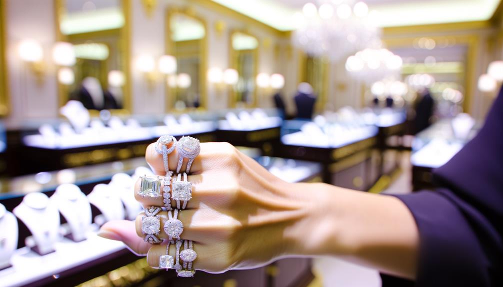 An elegant hand adorned with various diamond rings, showcasing different cuts and settings, with a soft-focus background of a luxury jewelry store interior. The shopper has received diamond jewellery tips.
