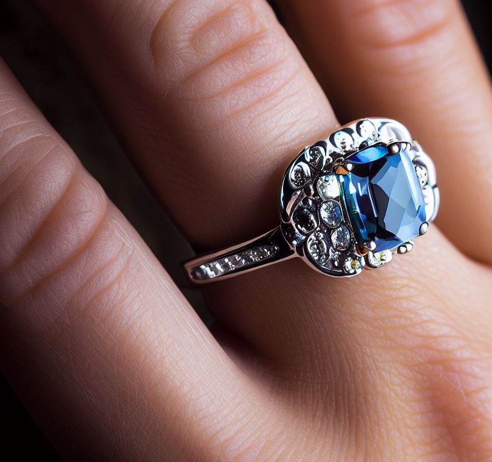 An Elegant Diamond And Sapphire Cocktail Ring On A Woman'S Finger.