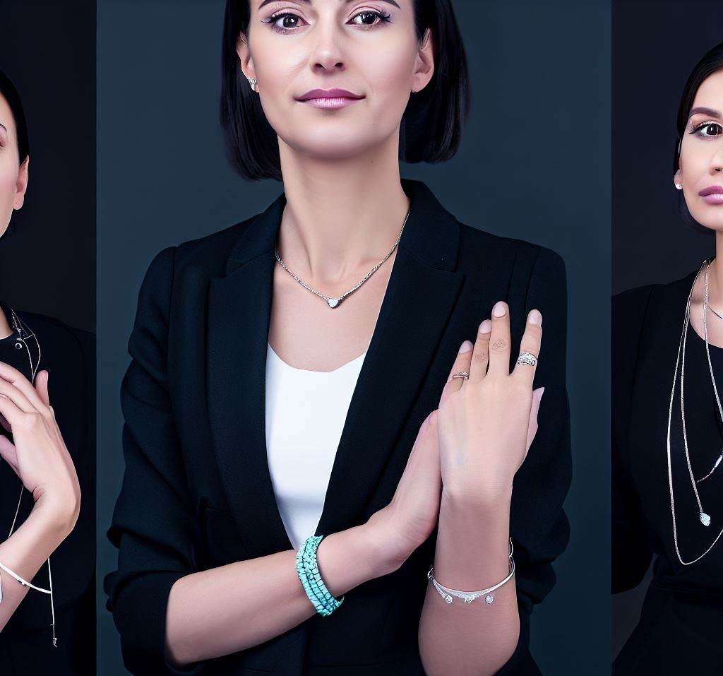 An Elegantly Dressed European Woman Wearing 4 Pieces Of Different Styles Of Jewellery. The Jewellery Is Elegant And Discreet. The Jewellery Is Slender, Small Pieces