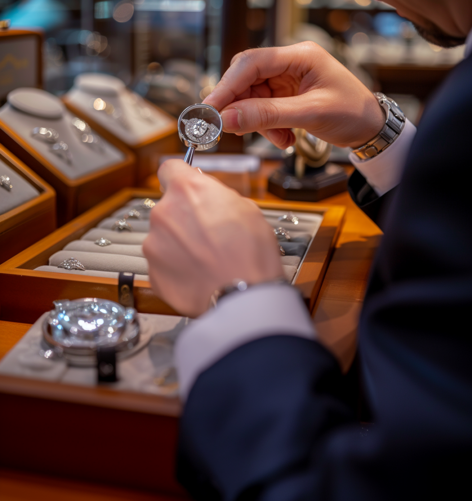 A Discerning Customer Examining Diamond Jewelry Under A Magnifier, With A Jeweler Displaying Certification, And A Pristine Shop Background With Awards And Accreditation Emblems Visible. 