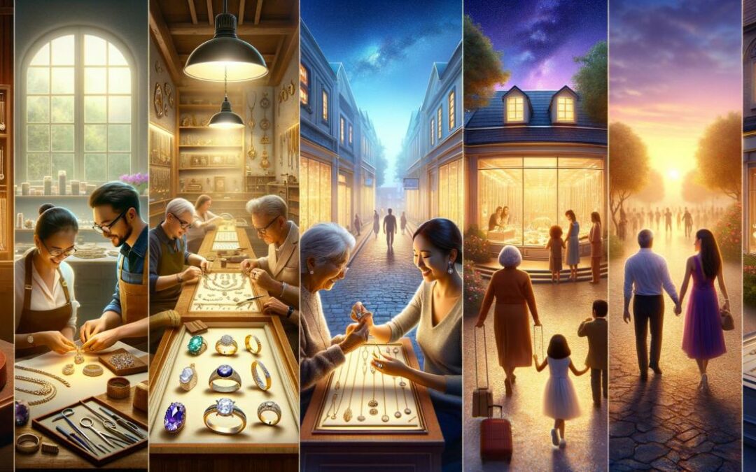 Tips And Tricks For Jewellery, A landscape depicting the journey of jewellery - from its crafting in a morning-lit workshop, its display in a midday-lit store, to its exchange during an evening family celebration.