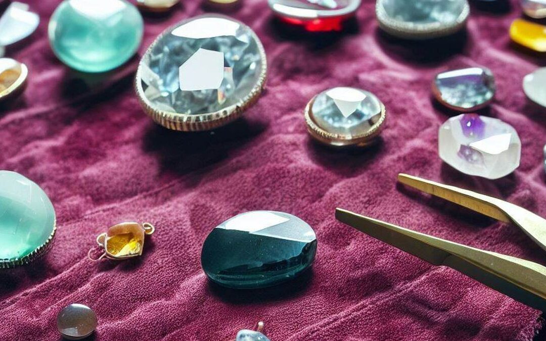 an image of a jeweler's table with a magnifying glass, tweezers, and various authentic gemstones in different colors and sizes laid out on a velvet cloth. Show the jeweler examining each stone closely, looking for imperfections and comparing prices.