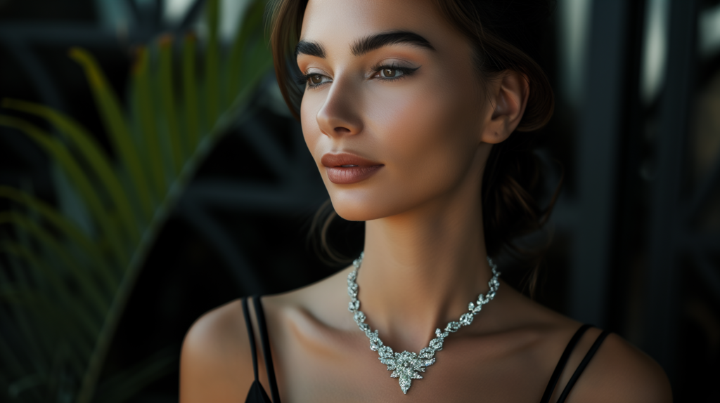 A Beautiful Woman Wearing An Elegant Diamond Necklace. Image Shows How A Owman'S Appearance Is Changed And Enhanced With A Diamond Necklace.
