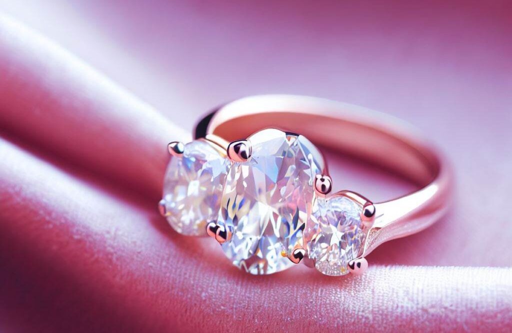 A Trhee Stone Engagement Rings Set On A Pink Velvet Background.