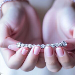 A Close Up Of A Woman'S Hands Holding A Sparkly Diamond Bracelet, Highlighting Its Intricately Cut Facets And Vibrant Clarity