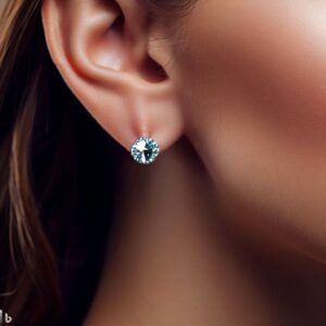 Diamond Stud Earrings On The Ears Of An Attractive Woman, Studio Photography, Well Lit And Colourful