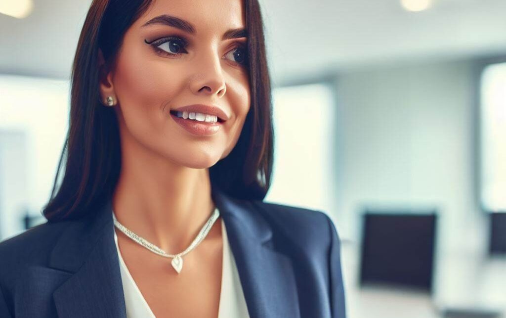 A Slender Necklace And Stud Earrings In The Office