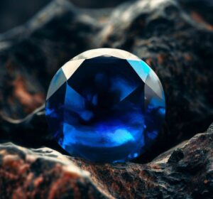 A Close-Up Image Of A Deep Blue Sapphire, Set Against A Backdrop Of Rocky Terrain, Hinting At The Geological Conditions Required For Its Formation