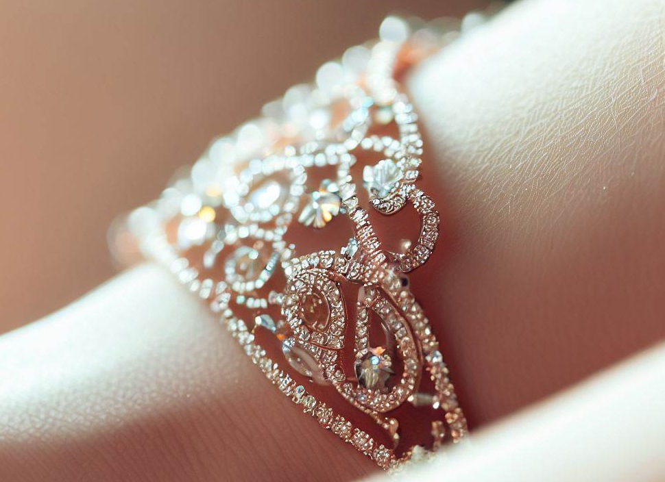 Discover Diamond Bracelets. A Close-Up Of A Delicate, Intricately Designed Diamond Bracelet Glimmering In The Light, Nestled On Woman'S Wrist