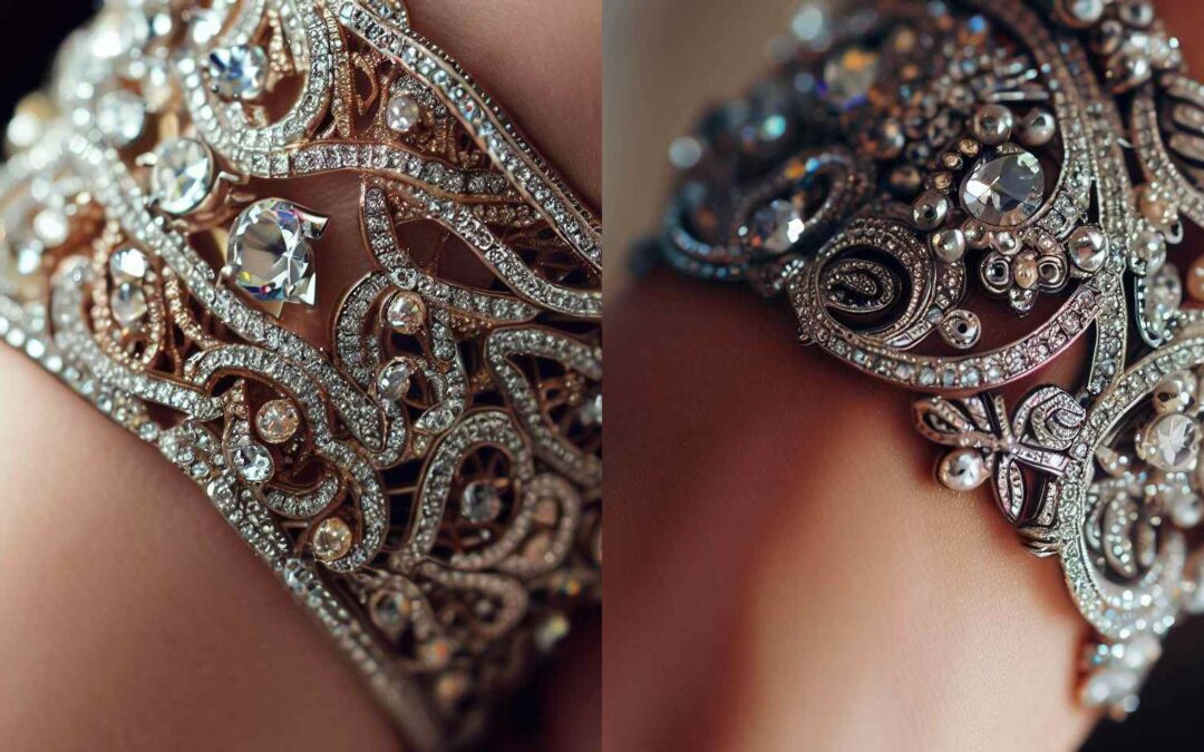 A close-up of an intricate diamond bracelet on a woman's arm, adorned with intricate details and shimmering gems.