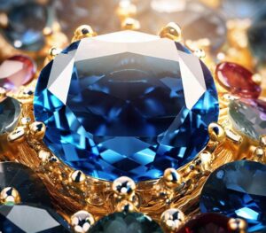 All About Sapphires, A Large, Sparkling Blue Sapphire Set In A Golden Crown, Surrounded By Smaller Sapphires Of Various Colors.