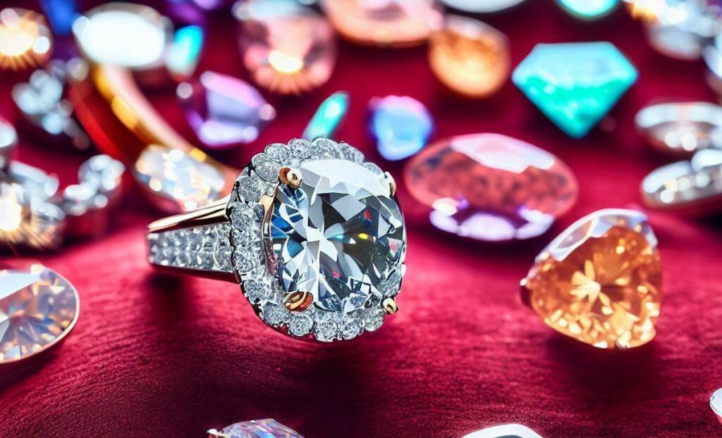 A Vibrant Diamond Ring On A Velvet Cushion Surrounded By Glittering Gems Of Various Sizes And Shapes
