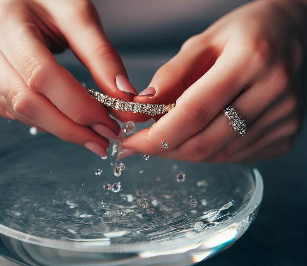 A Woman Is Cleaning Her Diamond Bracelet In A Bowl Of Water