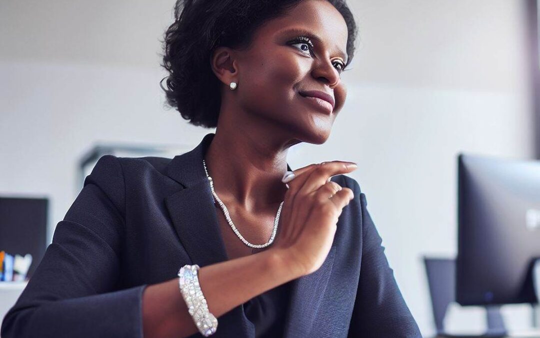 a woman showing how to style diamond jewellery in an office. She is mid-30s, well-dressed in business attire, she is wearing a pair of diamond stud earrings and a discreet diamond bracelet, her mood is confident and happy