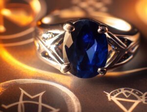 A Beautiful Sapphire Ring, Set In A Silver Or Gold Band, With A Sparkling Stone In The Centre. In The Background Are Symbols Of Love, Wisdom And Protection