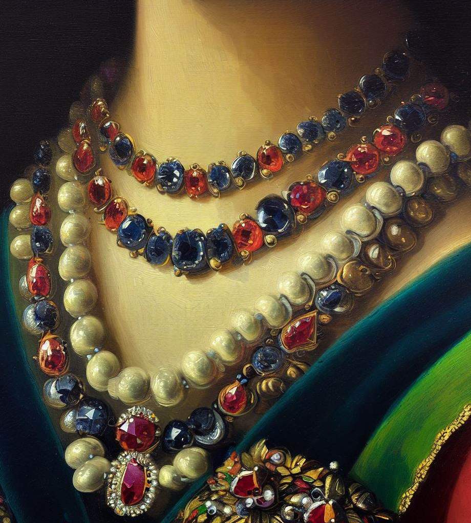 A Painting Of A Woman Wearing Jewellery Made With Rubies, Pearls, Sapphires. Painting In The Style Of Vermeer.