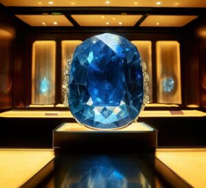 A Very Large Sapphire Sapphire, In Its Display Case In A Museum
