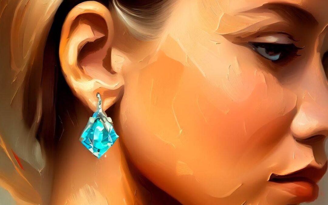 A painting of a fashionable woman wearing topaz earrings. The earrings are a drop type with a single blue topaz.