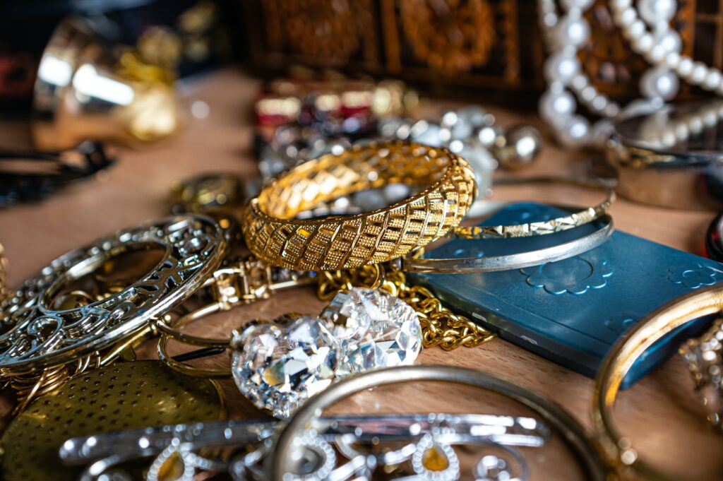 Closeup Of Beautiful Costume Jewelry, Earrings, Beads, Bracelets And Rings
