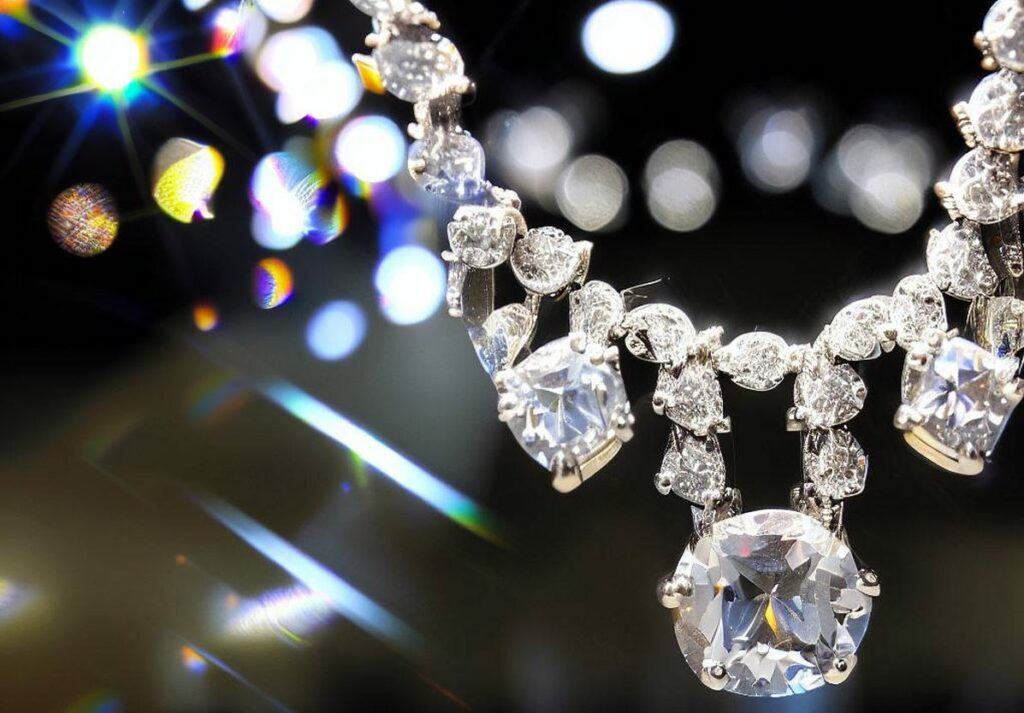 Dazzling Diamond Necklace Caught In Reflected Light, Each Diamond Sparkling. In The Background A Jewellery Shop. The Background Is Out Of Focus