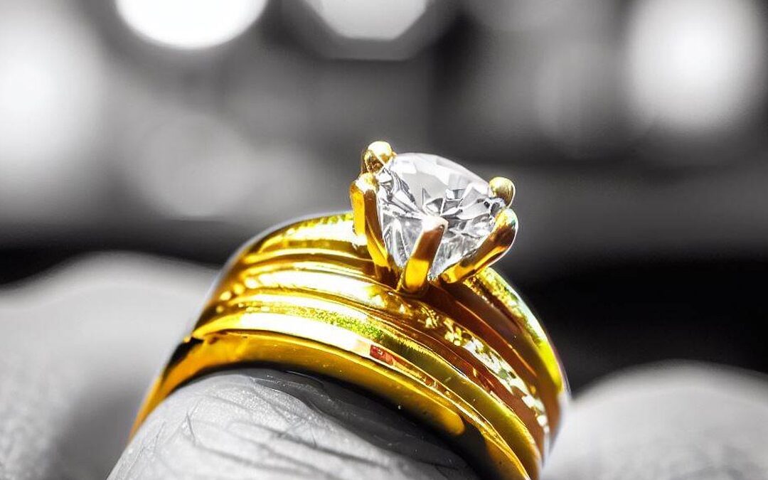 diamond rings for men - a diamond ring made in yellow gold on a man's finger. The picture has an out of focus background of a bar or restaurant