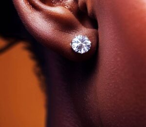 Diamond Solitaire Stud Earrings On The Ears Of An Attractive Woman