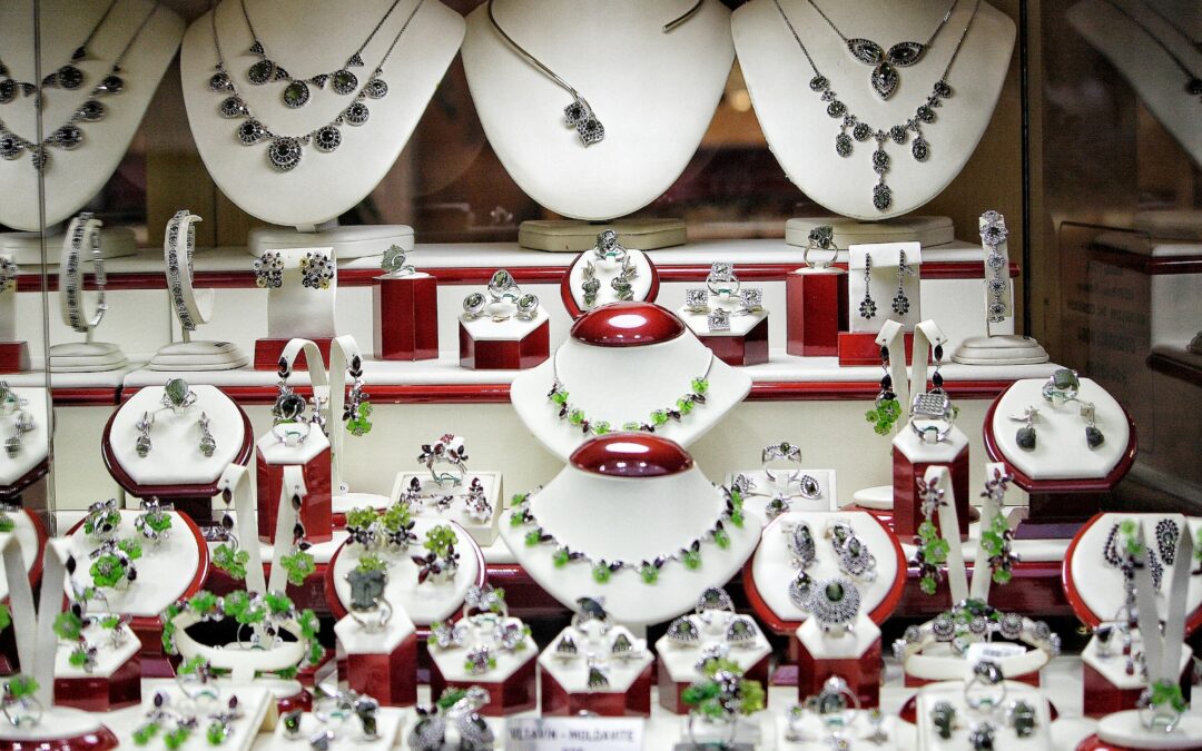 Jewelry shop with necklace and bracelet and pendant made of diamonds and precious stones