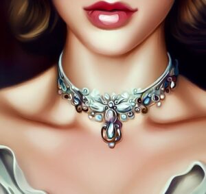 A Beautiful Necklace Around The Neck Of An Elegant Woman, Done In The Style Of A Painted Portrait