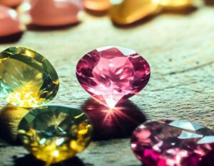 Pink, Yellow, And Green Sapphires Sparkling In The Light. Shown On A Jeweller'S Wooden Workbench.