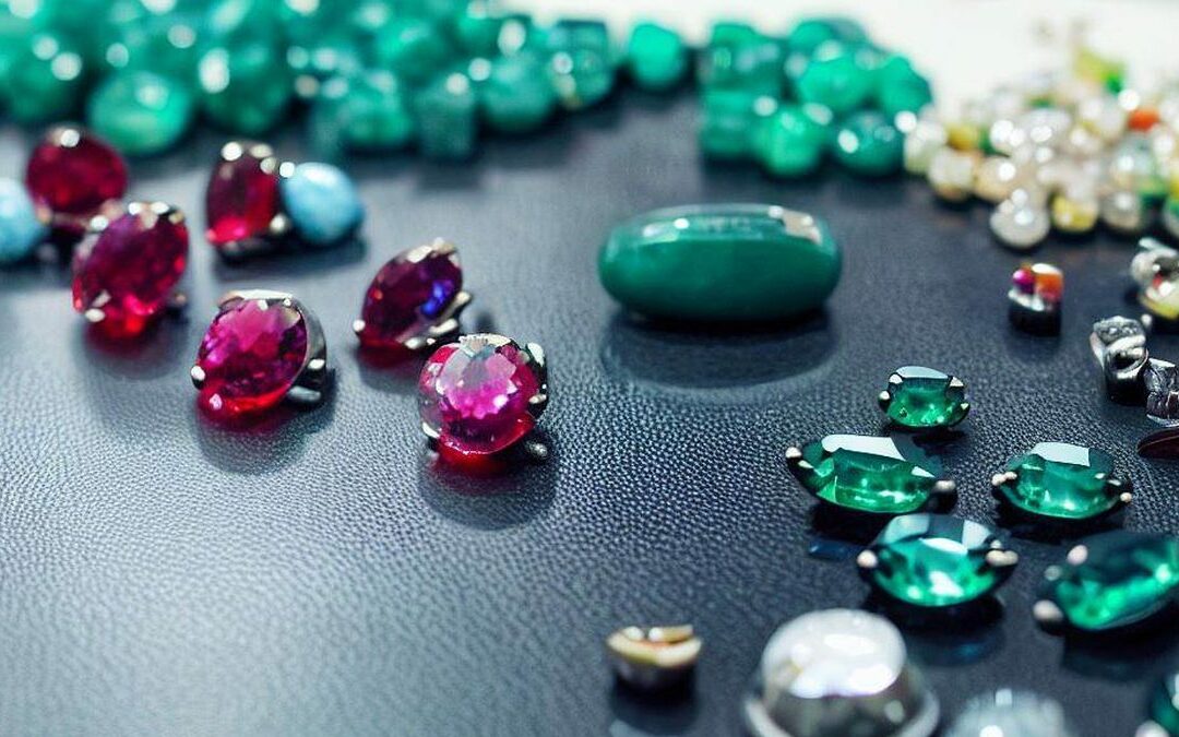 painting of rubies, emeralds, sapphires and diamonds laid out on a jewellers workbench