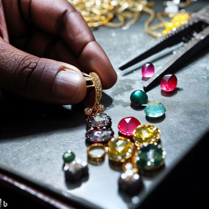 Jeweller Working On His Bench With Several Gemstones At Hand.