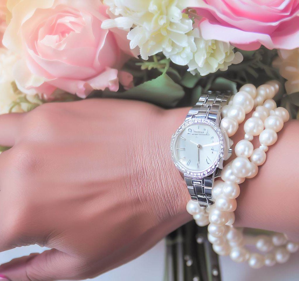 Image Of A Woman'S Hand Wearing A Delicate Pearl Bracelet And A Silver Watch, Surrounded By A Bouquet Of Flowers. The Background Should Be A Soft Pastel Color To Evoke A Romantic And Elegant Atmosphere.