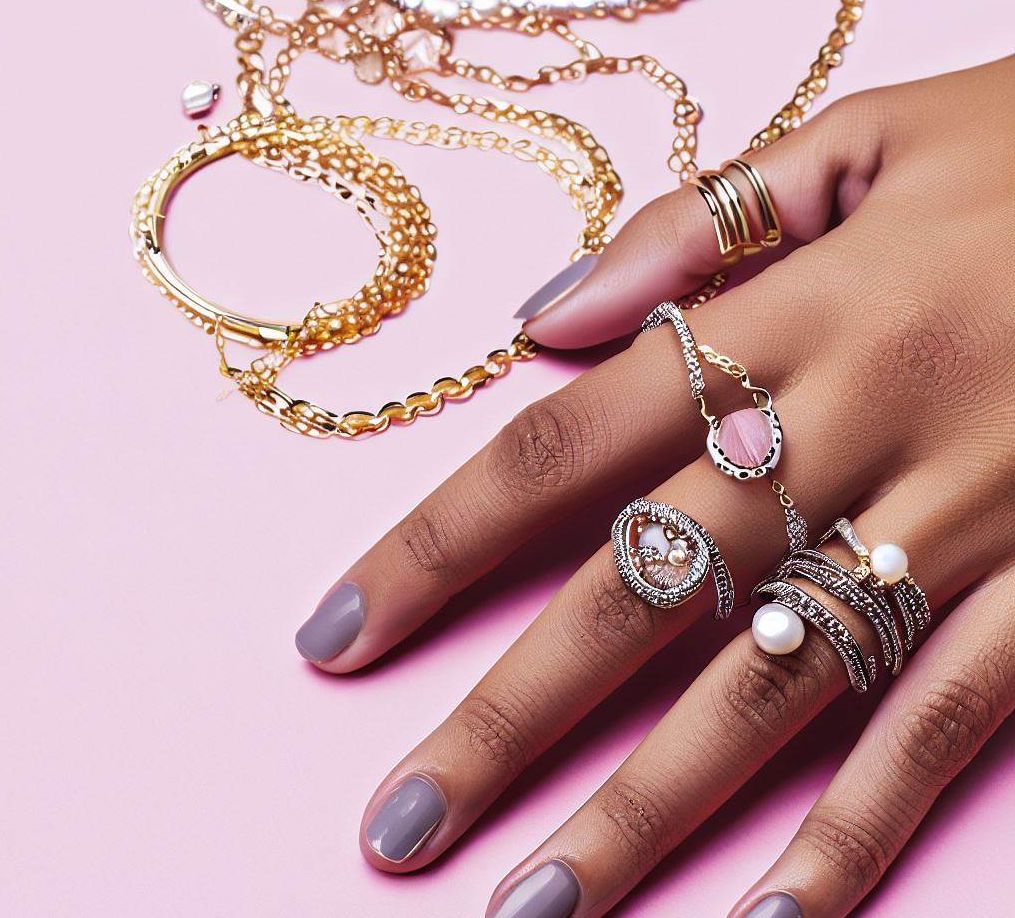 Create An Image Of A Hand With A Stack Of Rings, A Delicate Necklace, And A Bold Statement Bracelet, Showcasing The Different Types Of Jewellery For Any Occasion.