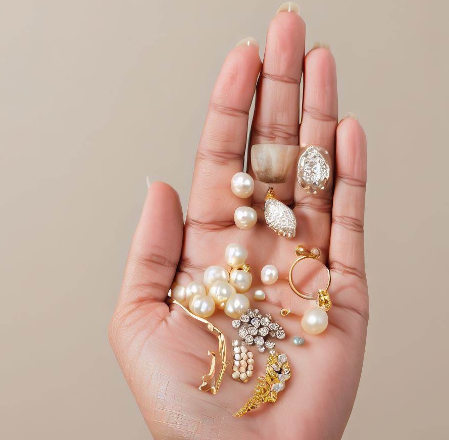 An Image Of A Womans Hand Holding Various Types Of Jewellery Materials Such As Gold Silver Pearls And Diamonds Against A Neutral Background. Each Material Should Be Distinct And Recognizable