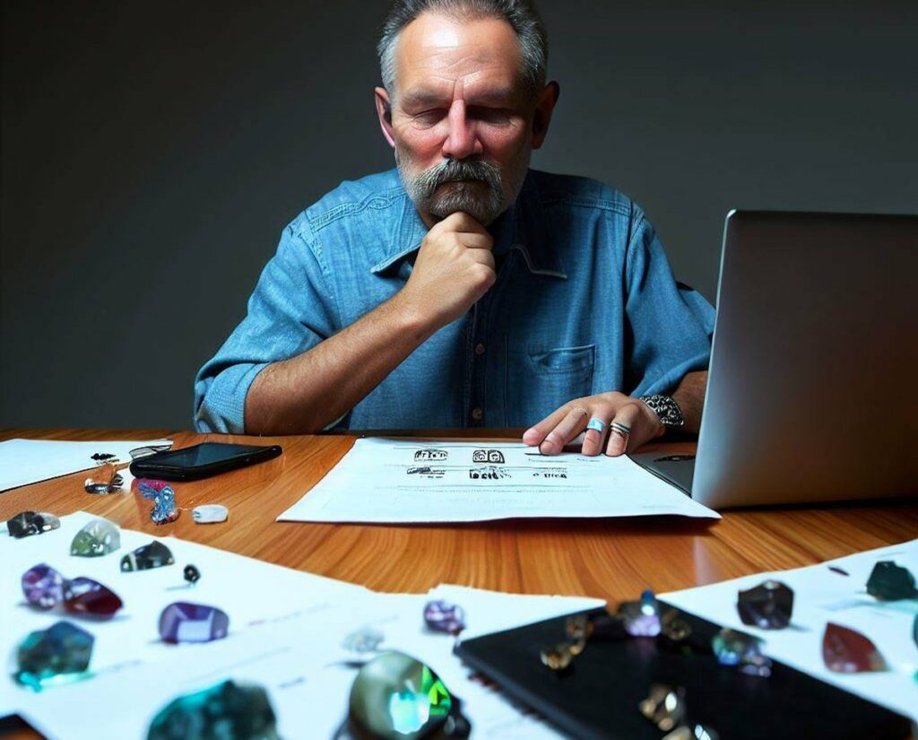 Person Seated At A Table With Multiple Authentic Gemstones Spread Out In Front Of Them. The Person Is Holding A Magnifying Loupe And Closely Examining One Of The Gemstones For Its Clarity And Color. On The Table, There Are Also Papers And A Laptop Displaying Different Websites Of Gemstone Sellers. The Person'S Facial Expression Reflects A Thoughtful And Analytical Mindset
