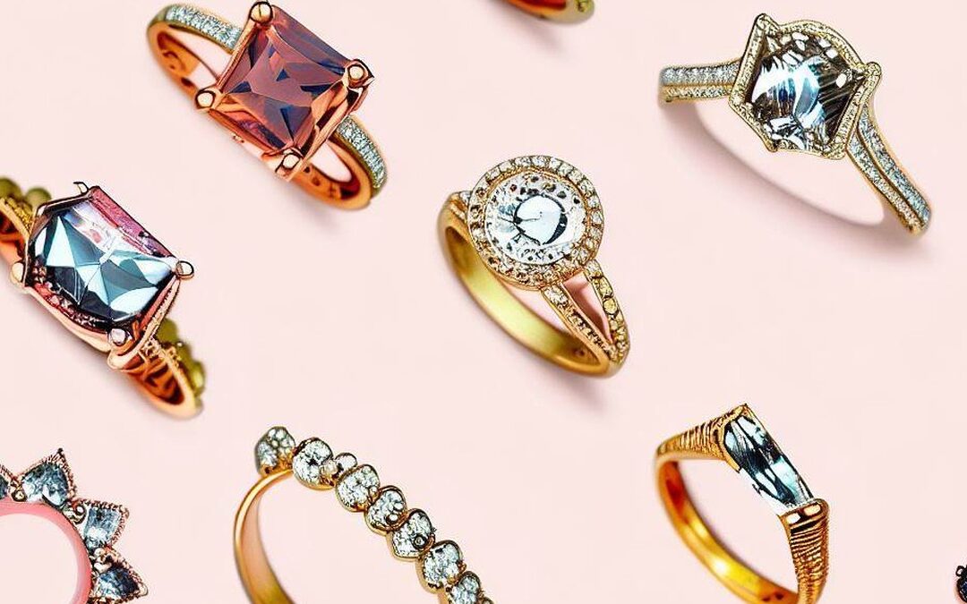 Engagement Ring Alternatives - an image showcasing 10 stunning non-diamond engagement rings. Each ring should be unique in design, with pops of color, intricate details, and alternative gemstones.