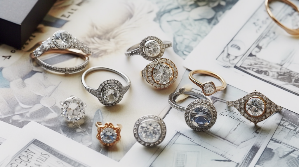 A Collage Of Ring Styles Featuring Classic Solitaires, Vintage-Inspired Halos, And Modern Bezel Settings.