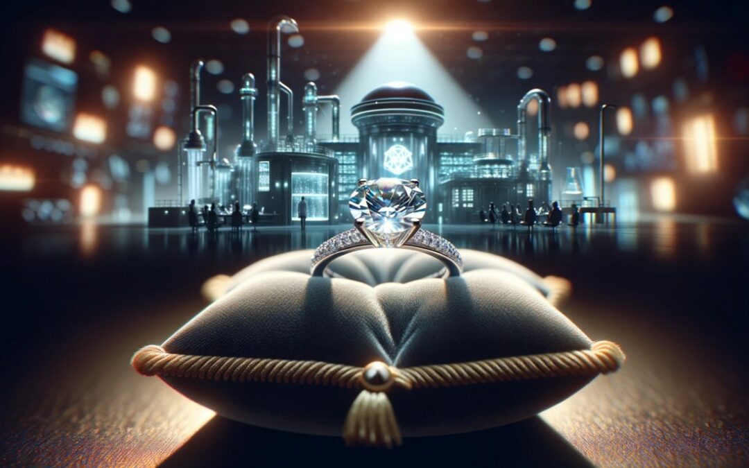 2024, the big year for lab diamonds. image shows a Lab-grown diamond ring on velvet cushion with futuristic lab equipment in the background.