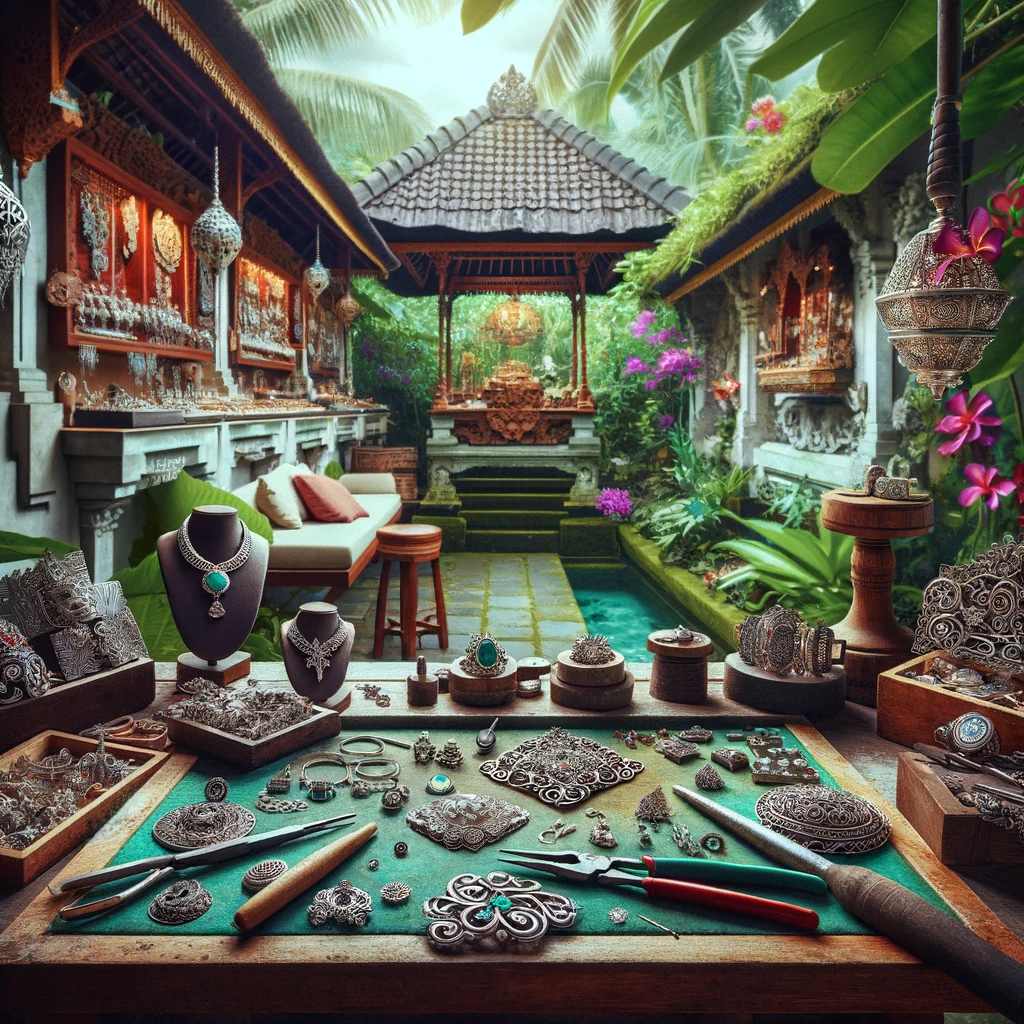 Balinese Jewelry Workshop Inspired By Jean-François Fichot'S Design Legacy, Featuring Detailed Silver And Gemstone Creations Amidst Tropical Plants.