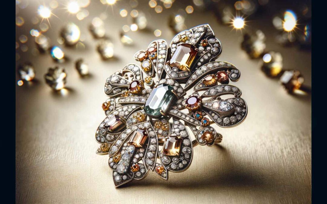 Close-up of a vintage brooch, epitomizing the elegance of estate jewellery, adorned with sparkling gemstones on a neutral background.