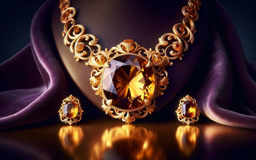 An opulent citrine necklace and earrings set against a purple velvet backdrop, highlighted by soft lighting, with a reflection on a polished wooden surface.
