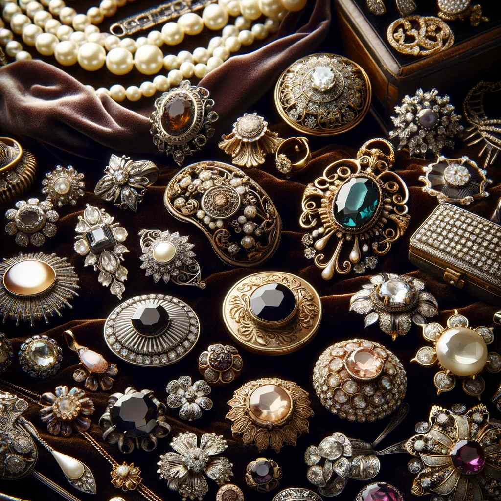 A Collection Of Estate Jewelry, Including Vintage Brooches, Rings, And Necklaces, Displayed On Luxurious Velvet, Highlighting Unique Designs And Craftsmanship.
