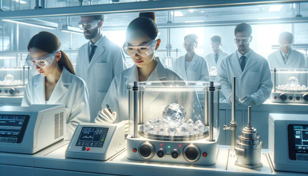How Is Lab-Grown Diamond Jewellery Manufactured: Scientists In White Lab Coats Operating Machinery In A Pristine Lab Environment.