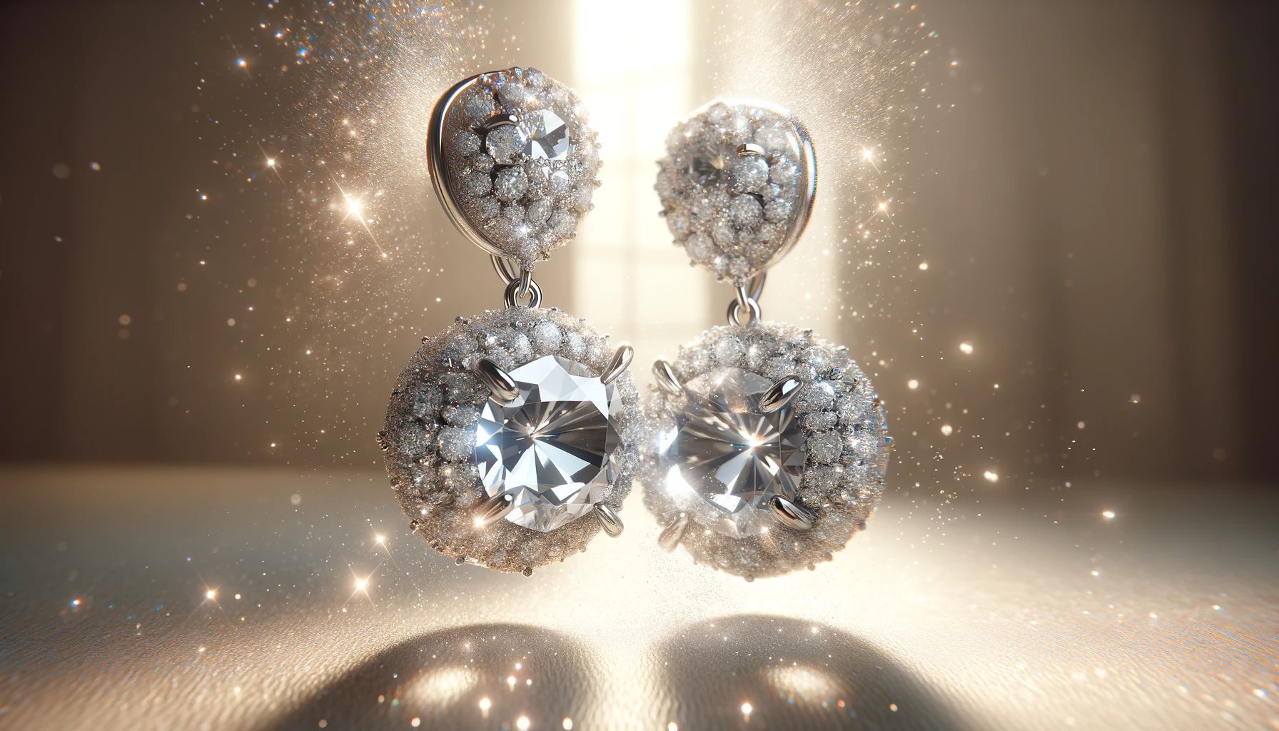 Diamond Drop Earrings Suspended In Mid-Air, Glistening With Reflections From Their Facets.