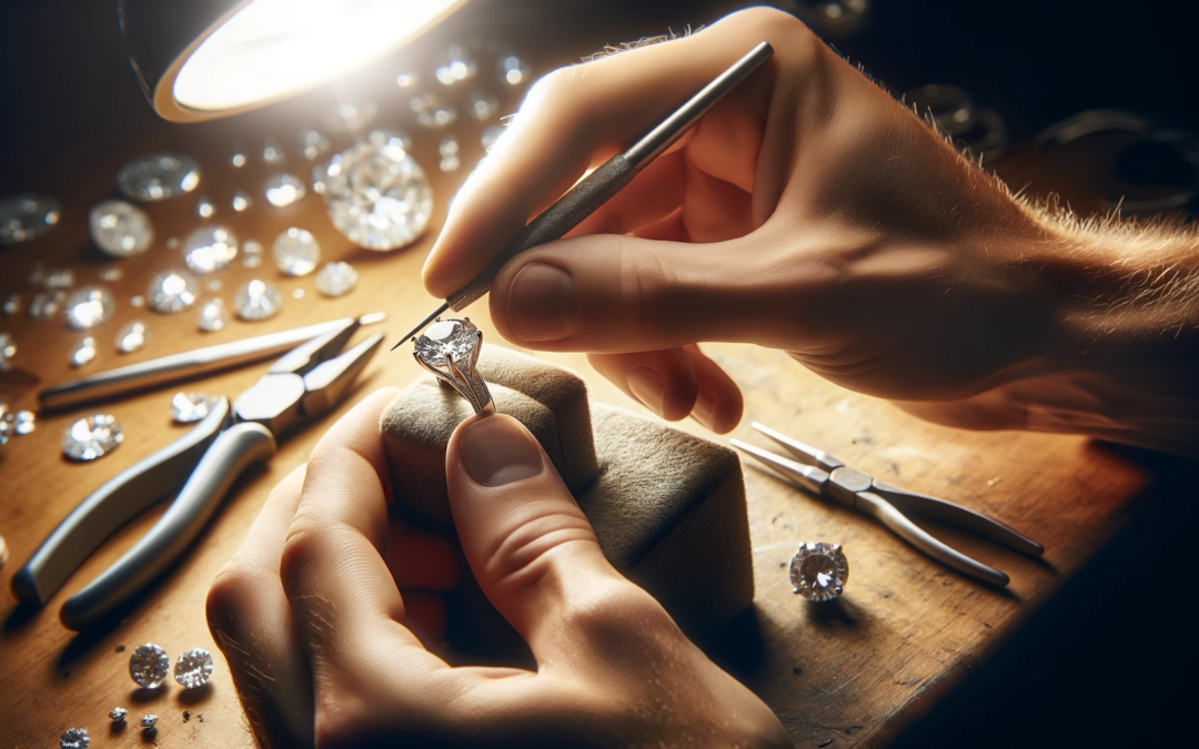 Buying Diamond Engagement Rings. A jeweller working on a diamond engagement ring at his workbench.